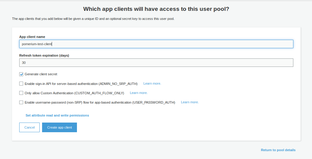 AWS Cognito Create App Client